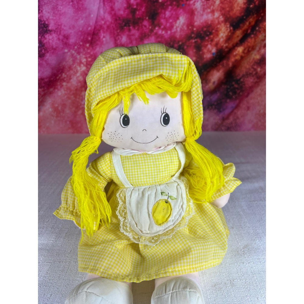 Vintage 1981 Etone International Rag Doll Yellow Gingham Dress Lemon Apron 13.5"